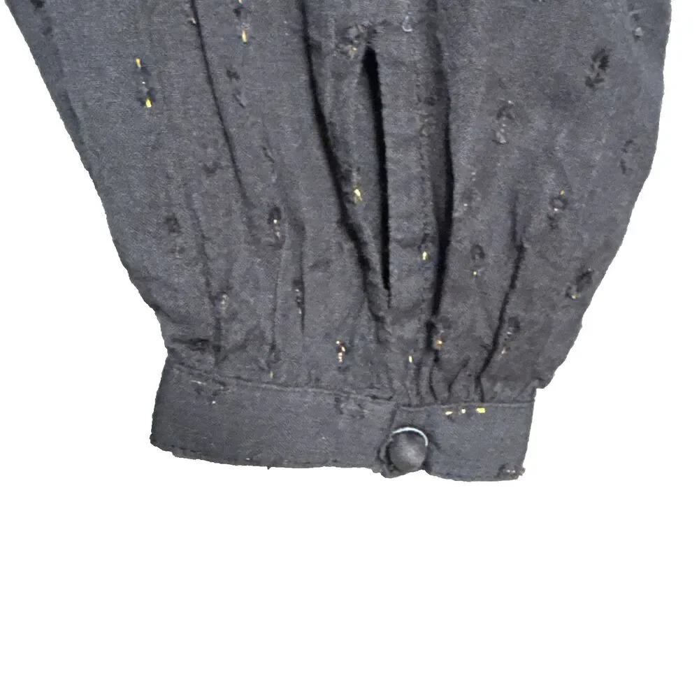 Sezane Black Blouse 34 US 2 Gold Metallic Accents Button Front Long Sleeve Chic
